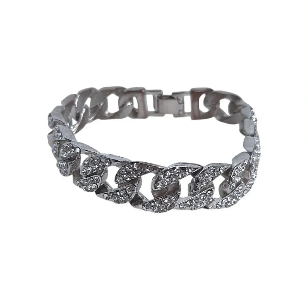 Miami Cuban Link Chain Bracelet Silver Rhinestone Iced Out Chunky Bling Unisex